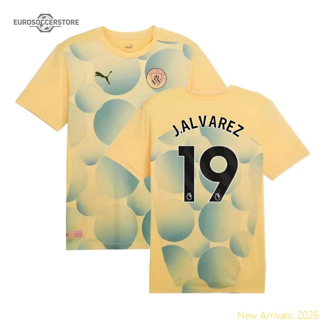 2024-2025 Man City Prematch SS Shirt (Flaxen) - Kids (J.Alvarez 19)-Football Shirts Shop