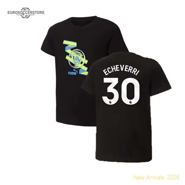 2024-2025 Man City ftblCulture Tee (Black) - Kids (Echeverri 30)-Football Shirts Shop