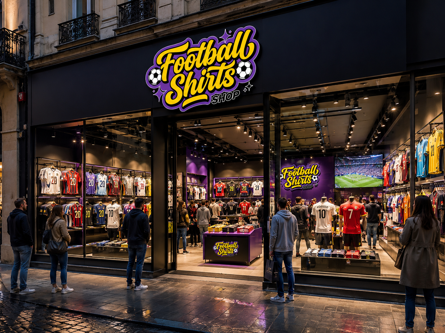 Football Shirts Shop retail storefront with illuminated logo at night