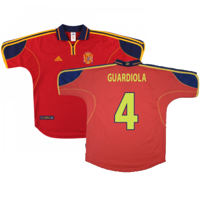 Spain 1999-02 Home Shirt ((Excellent) S) (Guardiola 4)-Football Shirts Shop