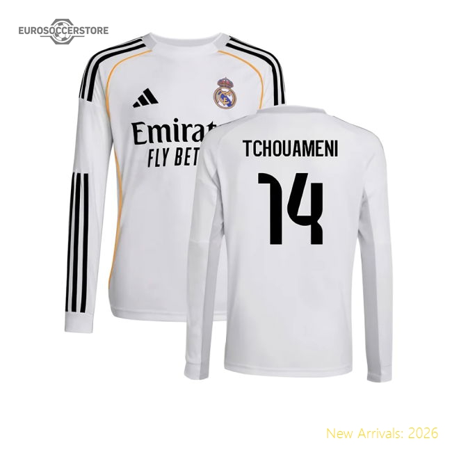 2025-2026 Real Madrid Long Sleeve Home Shirt (Kids) (Tchouameni 14)-Football Shirts Shop