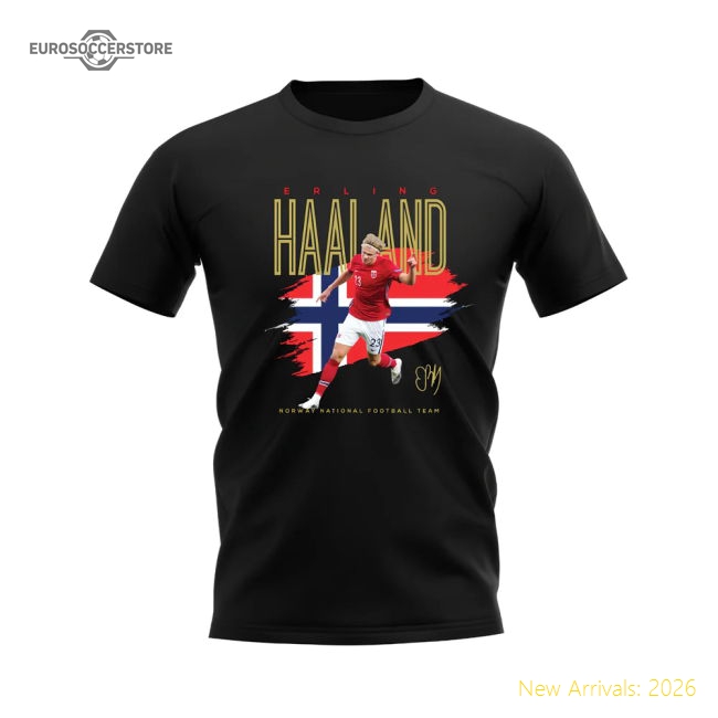 Erling Haaland Norway Football Celebration T-Shirt (Black)-Football Shirts Shop