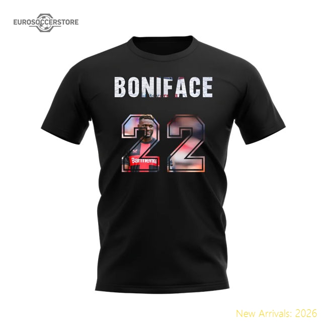 Victor Boniface Name And Number Bayer Leverkusen T-Shirt (Black)-Football Shirts Shop