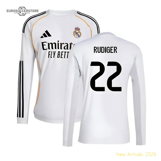 2025-2026 Real Madrid Long Sleeve Home Shirt (Rudiger 22)-Football Shirts Shop