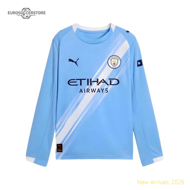 2025-2026 Man City Long Sleeve Home Shirt (Kids)-Football Shirts Shop