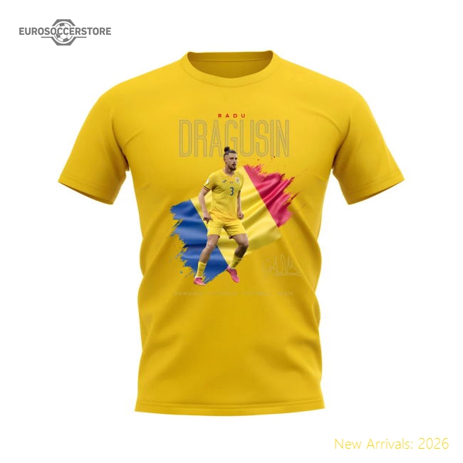 Radu Dragusin Flag and Player Romania T-Shirt (Yellow)-Football Shirts Shop