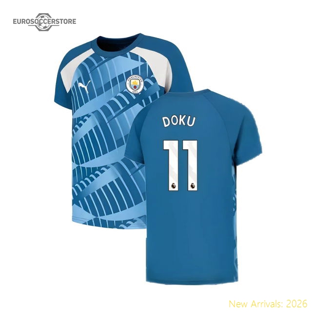 2023-2024 Man City Pre-Match Jersey (Lake Blue) - Kids (Doku 11)-Football Shirts Shop