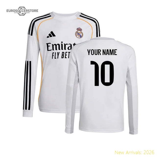 2025-2026 Real Madrid Long Sleeve Home Shirt (Kids) (Your Name)-Football Shirts Shop