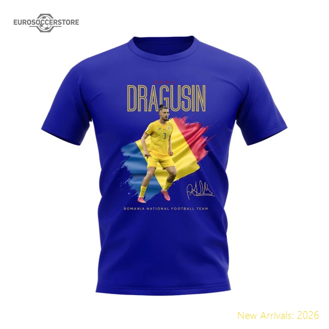 Radu Dragusin Flag and Player Romania T-Shirt (Blue)-Football Shirts Shop