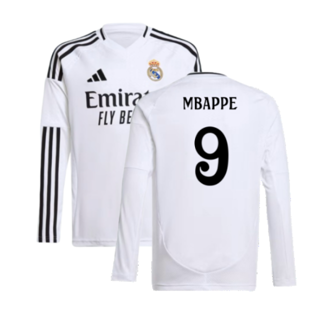 2024-2025 Real Madrid Long Sleeve Home Shirt (Kids) (Mbappe 9)-Football Shirts Shop