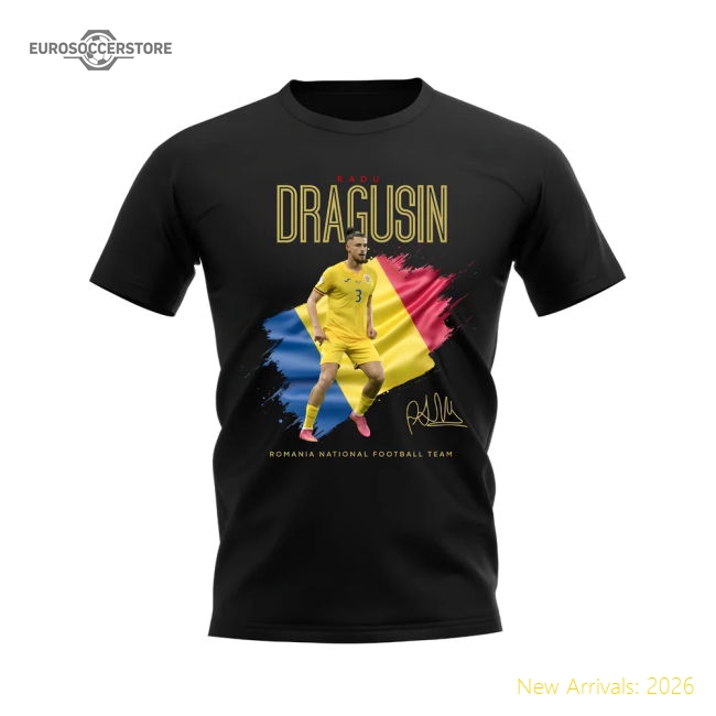 Radu Dragusin Flag and Player Romania T-Shirt (Black)-Football Shirts Shop