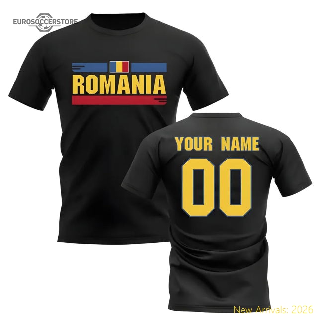 Personalised Romania Fan Football T-Shirt (black)-Football Shirts Shop