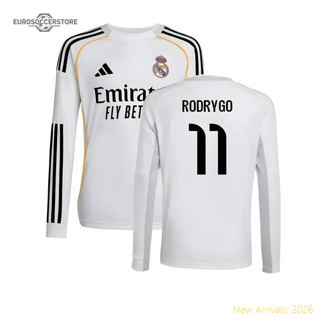 2025-2026 Real Madrid Long Sleeve Home Shirt (Kids) (Rodrygo 11)-Football Shirts Shop