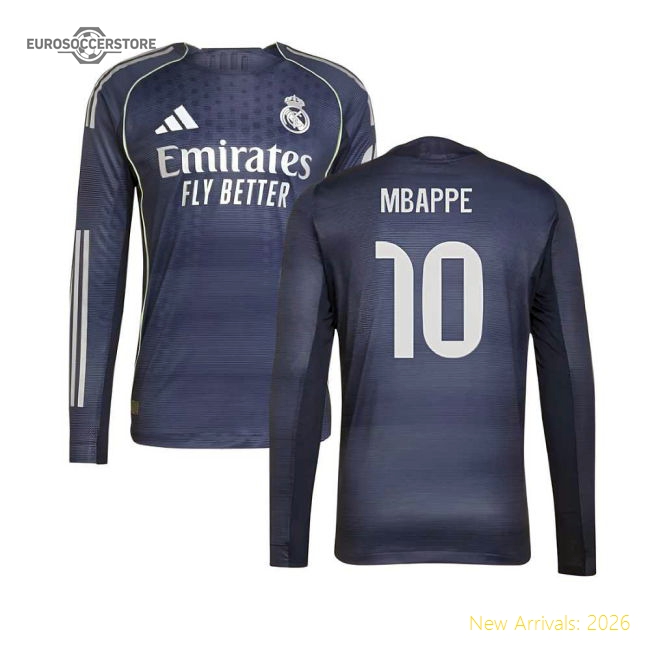 2025-2026 Real Madrid Long Sleeve Away Shirt (Mbappe 10)-Football Shirts Shop