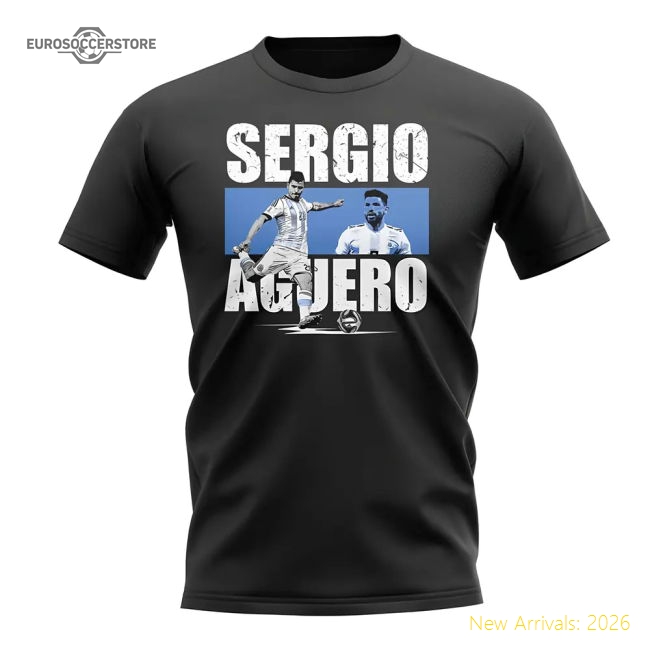 Sergio Aguero Player Collage T-Shirt (Black)-Football Shirts Shop