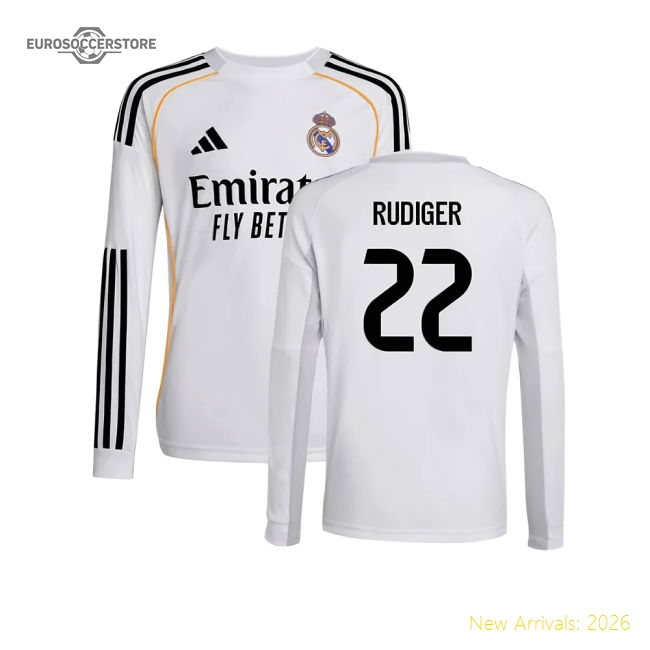 2025-2026 Real Madrid Long Sleeve Home Shirt (Kids) (Rudiger 22)-Football Shirts Shop