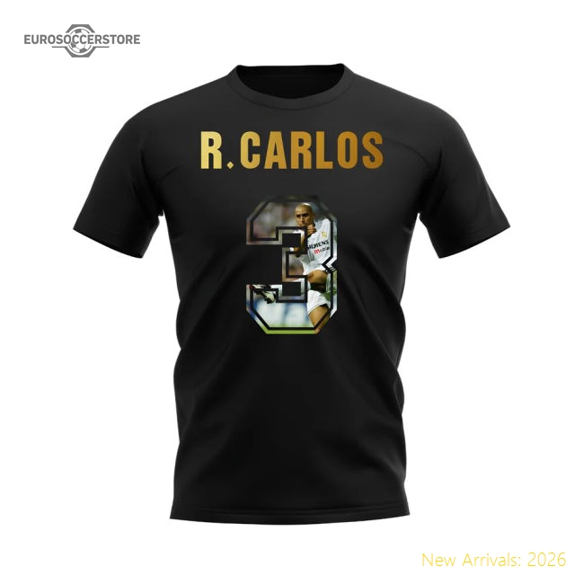 Roberto Carlos Name And Number Real Madrid T-Shirt (Black)-Football Shirts Shop