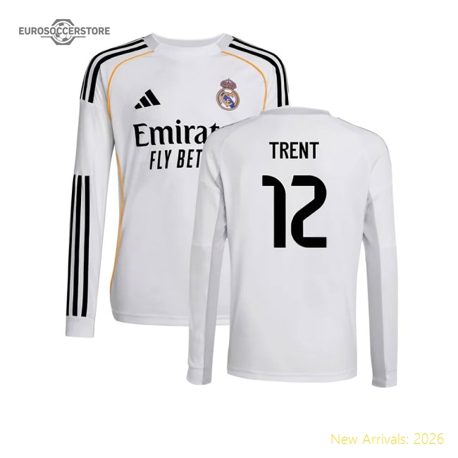 2025-2026 Real Madrid Long Sleeve Home Shirt (Kids) (Trent 12)-Football Shirts Shop