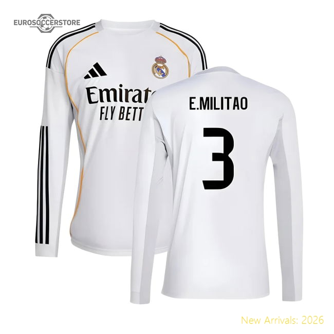 2025-2026 Real Madrid Long Sleeve Home Shirt (E.Militao 3)-Football Shirts Shop