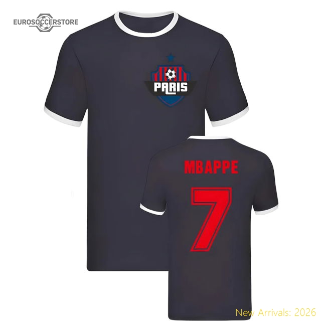 Kylian Mbappe Paris Ringer Tee (Navy)-Football Shirts Shop