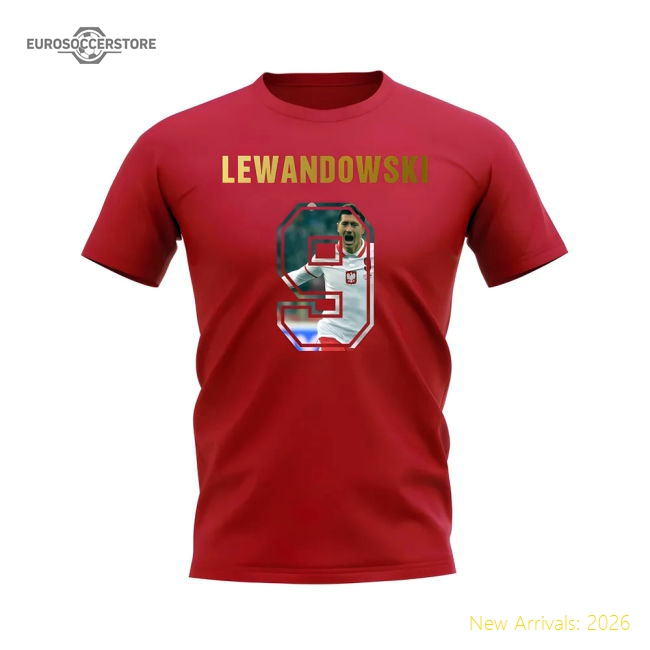 Robert Lewandowski Name And Number Poland T-Shirt (Red)-Football Shirts Shop