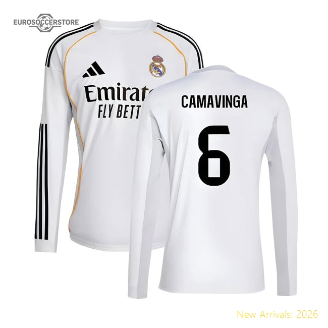 2025-2026 Real Madrid Long Sleeve Home Shirt (Camavinga 6)-Football Shirts Shop
