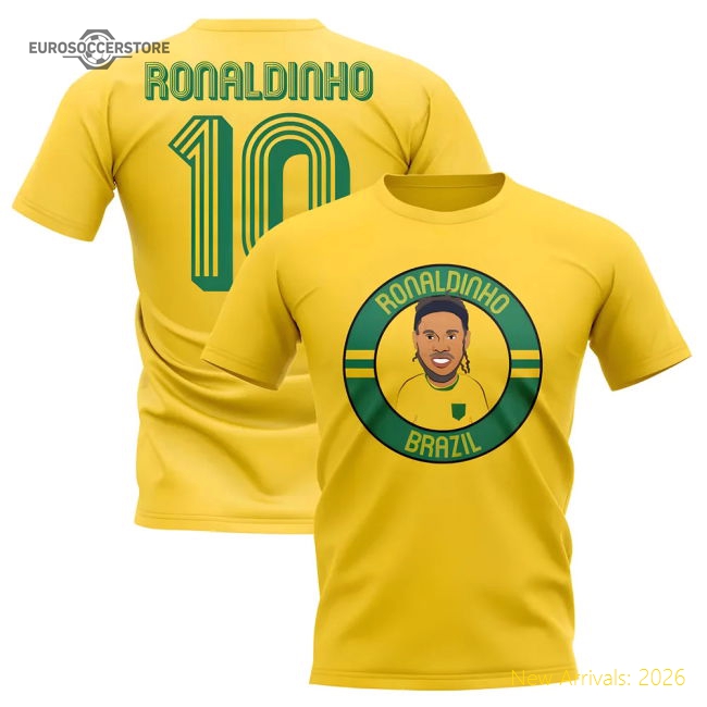 S,Brazil Match Day Ronaldinho Brazil Illustration T-Shirt (Yellow)-Soccer Shirts Store: 2026 World Cup Kits