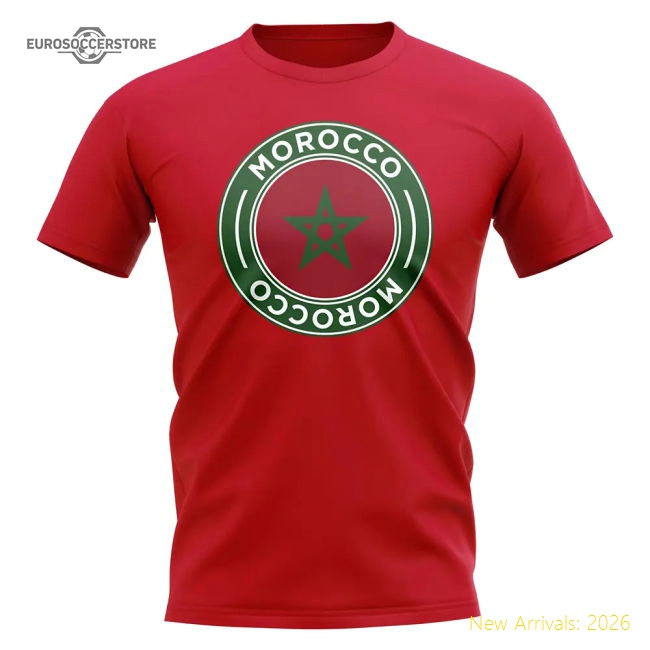 S,Morocco Tournament Morocco Football Badge T-Shirt (Red)-Soccer Shirts Store: 2026 World Cup Kits