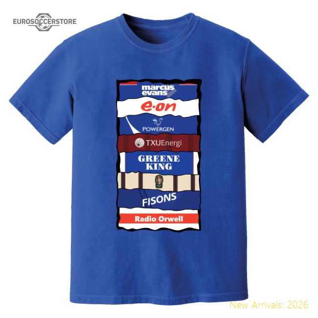Championship Ipswich Sponsor History Football T-Shirt (Blue)-Soccer Shirts Store: 2026 World Cup Kits