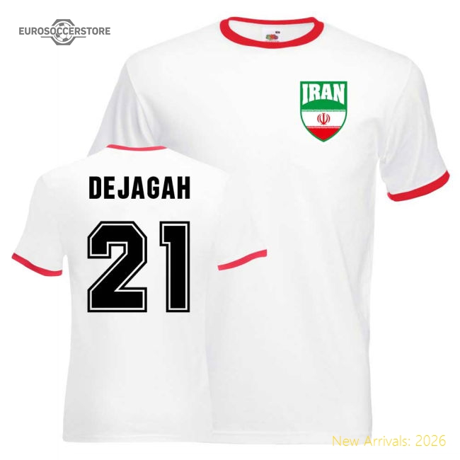 Iran Ashkan Dejagah Iran Ringer Graphic Fan Tee White-Red-Soccer Shirts Store: 2026 World Cup Kits