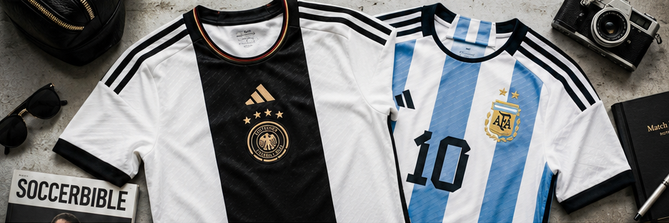 A sophisticated flat-lay photograph featuring the monochrome Germany jersey overlapping the blue-and-white stripes of Argentina on a minimalist brushed concrete surface, framed by premium lifestyle accessories