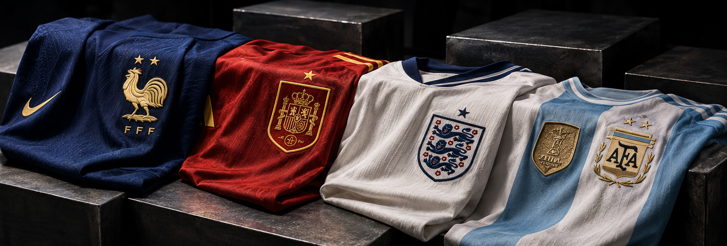 An atmospheric, moody flat-lay photograph showcasing the distinct colors of France, Spain, England, and Argentina draped over dark raw steel blocks, illuminated by precision studio accent lighting