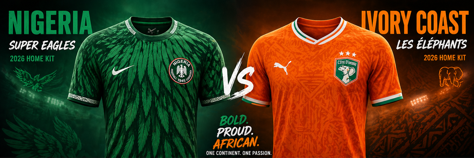 A side-by-side comparison of the Nigeria Home and Ivory Coast Home 2026 jerseys