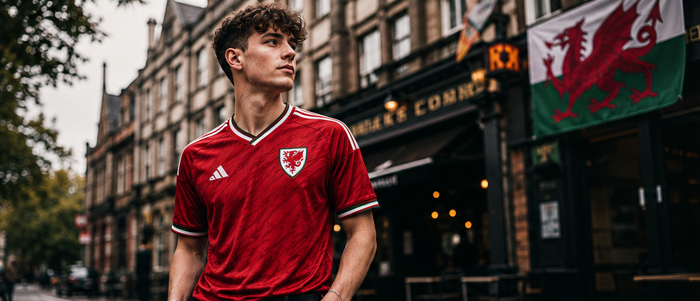 A stylish, candid shot of a fan wearing a Wales home kit in an urban setting