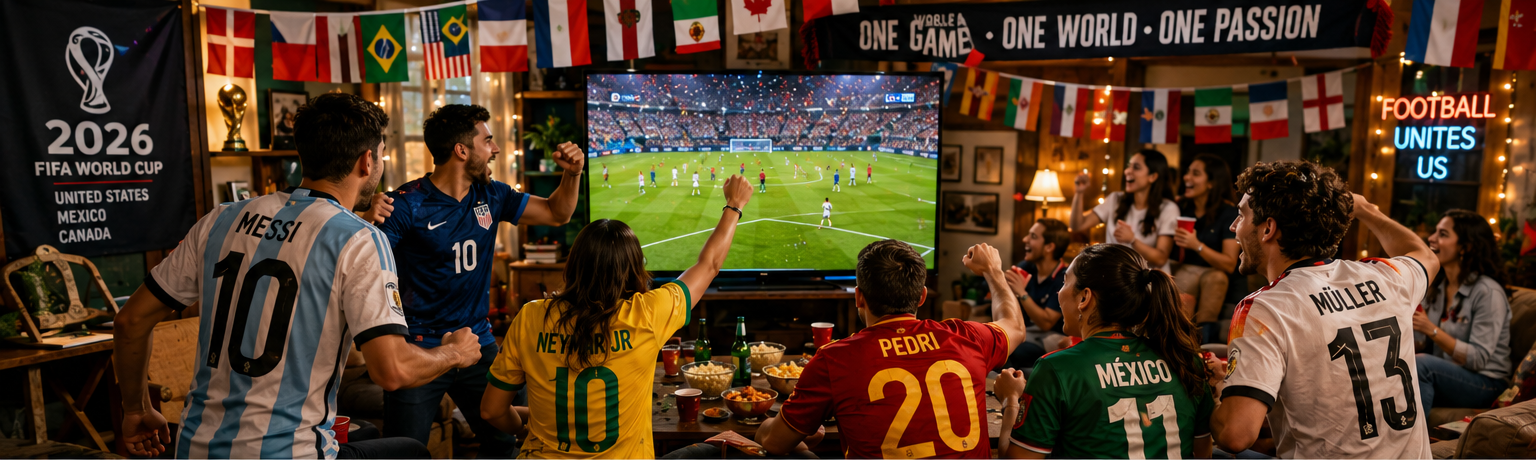 A vibrant shot of a living room decorated with flags, a large 4K TV, and friends wearing different 2026 jerseys