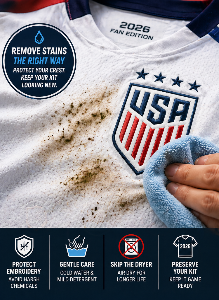 A close-up of a 2026 jersey being gently spot-cleaned with a soft microfiber cloth