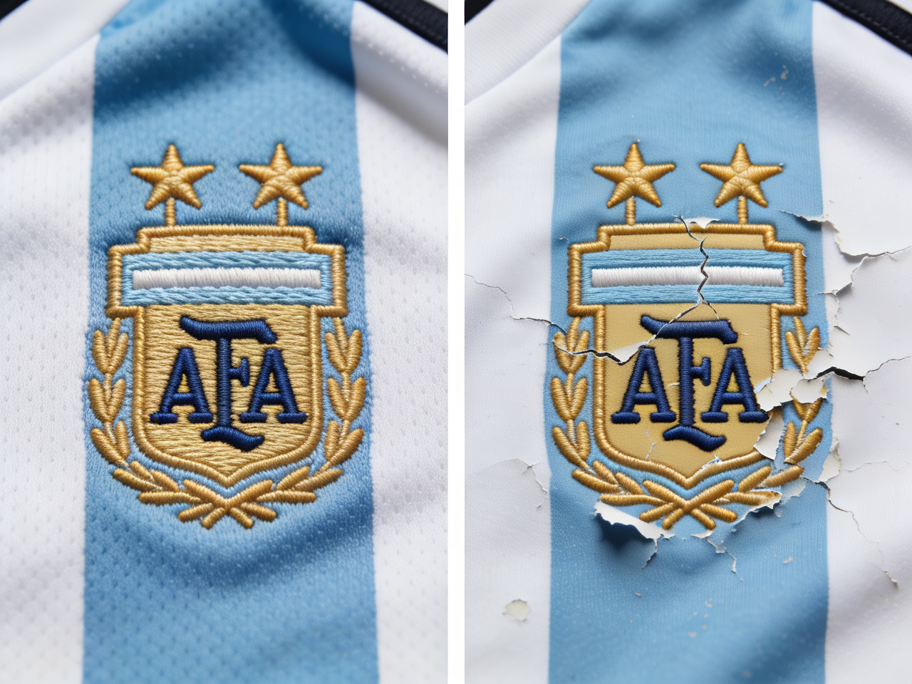 Comparison shot of the durable embroidered crest vs a peeling heat-pressed logo