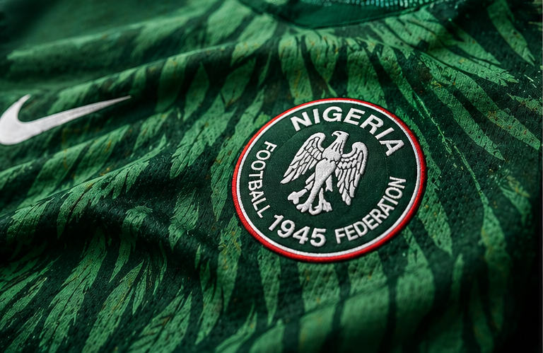 Close-up of the Nigeria jersey's fabric texture and the embroidered crest