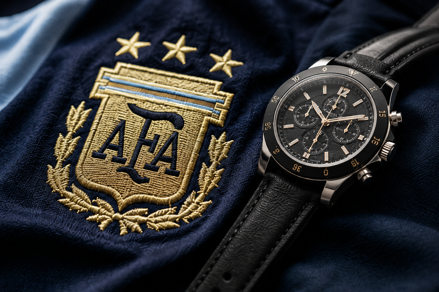 A macro lens detail capture highlighting the pristine gold embroidery on the crest of a premium South American kit, juxtaposed against a sleek black luxury watch