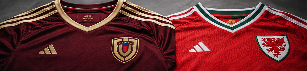 A side-by-side display of the Venezuela and Wales 2026 kits