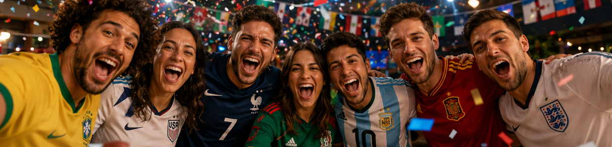 A group selfie of friends in diverse 2026 kits celebrating a goal