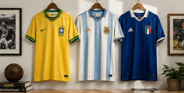 Minimalist gallery-style arrangement of Brazil, Argentina, and Italy football kits displayed in warm natural lighting.