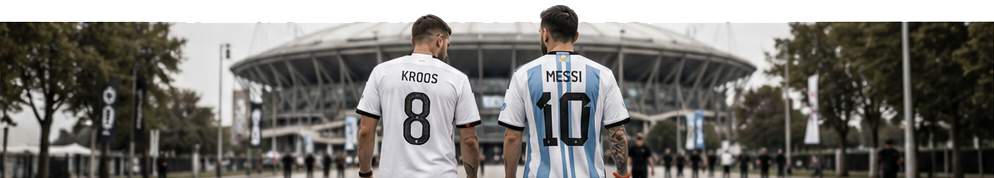 A clean, desaturated street style shot of two friends walking side-by-side toward a modern stadium venue, one wearing a sleek European kit and the other a South American kit, embodying sophisticated fan culture