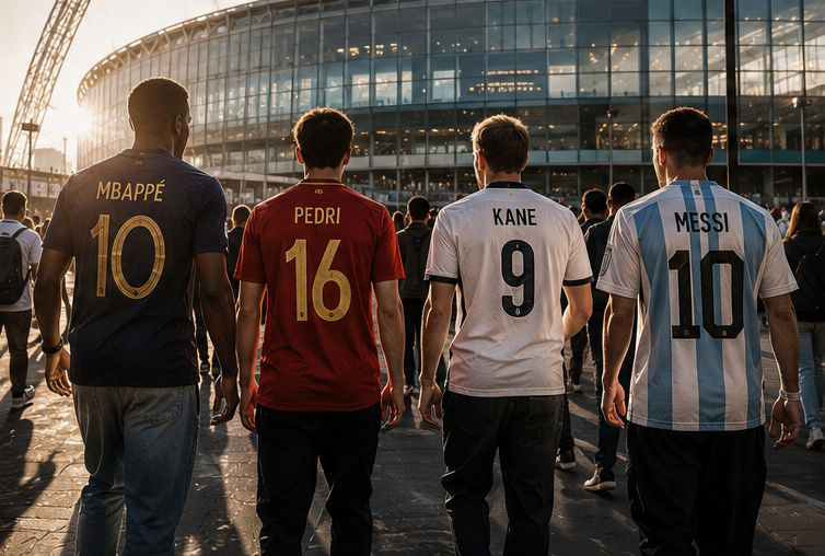 A high-contrast street editorial photo capturing diverse fans walking side-by-side toward a modern glass stadium entrance, perfectly balancing sportswear with contemporary high-street garments