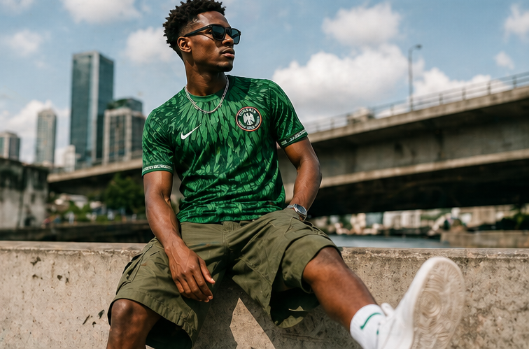 Lifestyle shot of a fan wearing the Nigeria kit with street-style cargo shorts