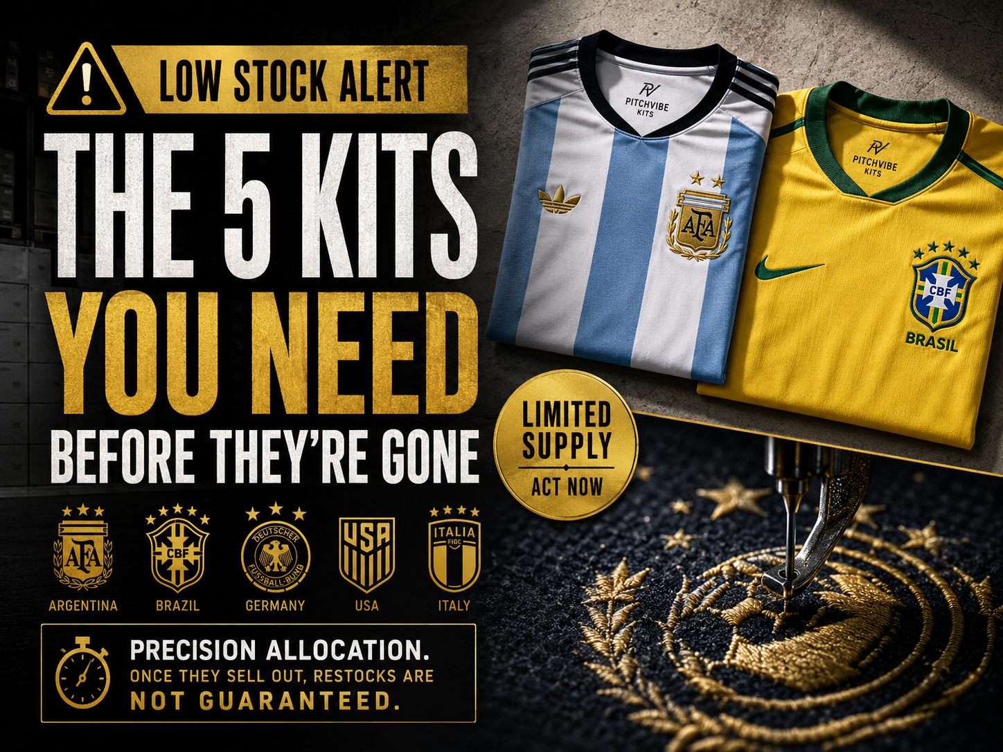 Low Stock Alert football kits cover featuring Argentina and Brazil 2026 fan jerseys, premium embroidered soccer shirts, limited supply World Cup kits, luxury sportswear thumbnail design