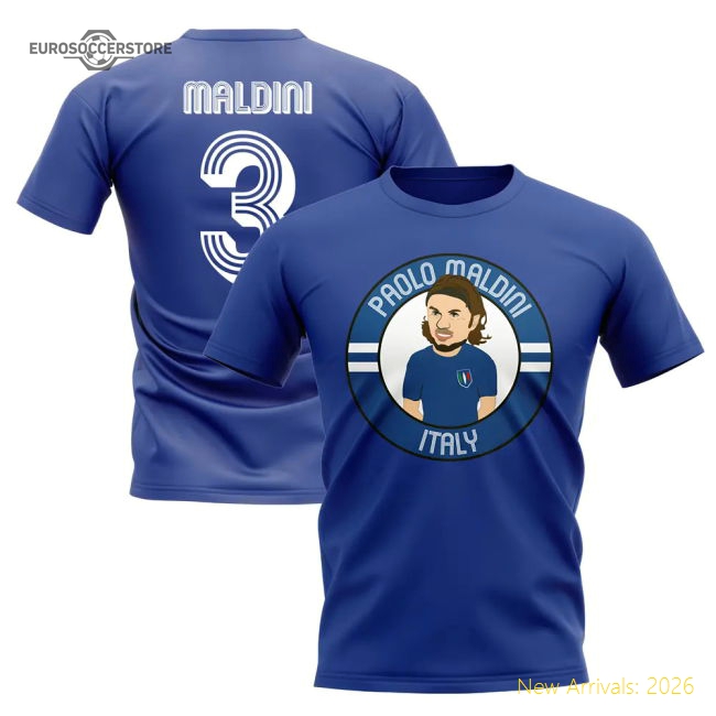 Paolo Maldini Italy Illustration T-Shirt (Blue)-The Soccer Shirt Hub