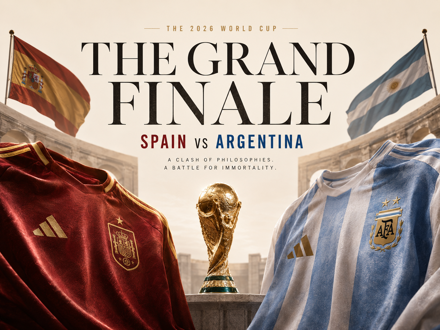 Spain vs Argentina 2026 World Cup Final editorial cover featuring the iconic national team jerseys and the FIFA World Cup trophy