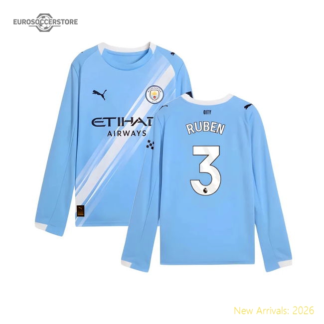 2025-2026 Man City Long Sleeve Home Shirt (Kids) (Ruben 3)-The Soccer Shirt Hub