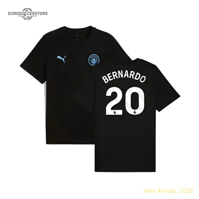 2025-2026 Man City FtblESS Tee (Black) (Bernardo 20)-The Soccer Shirt Hub